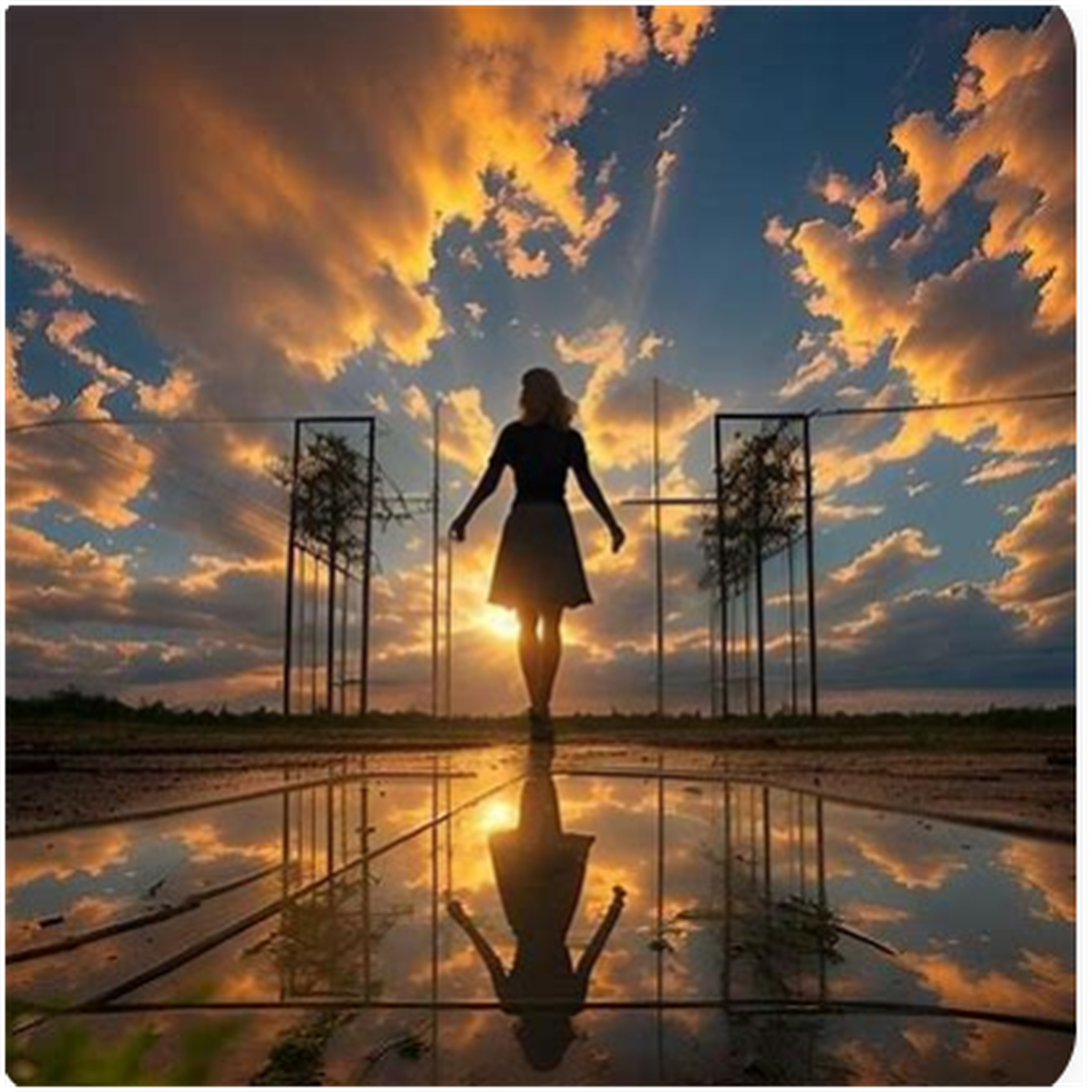 A woman stands before a glowing sunset, mirrored in the reflective ground below.